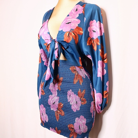 Free People Cassie Women Mini Dress Size SmalFloral V Neck Long Sleeve - Picture 4 of 11